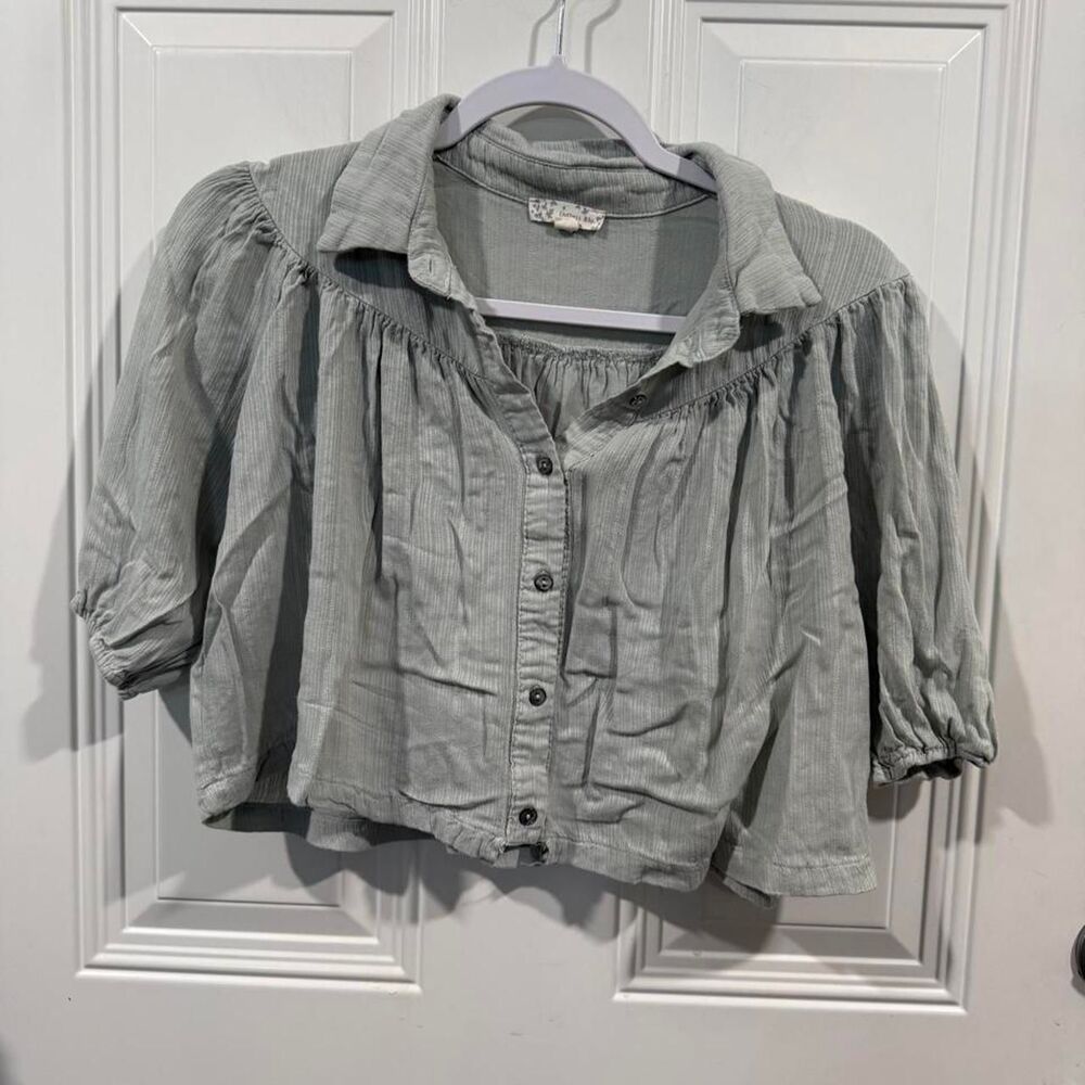 Endless Blu Womens Small Sage Green Cropped Blouse Short Sleeve Gauze